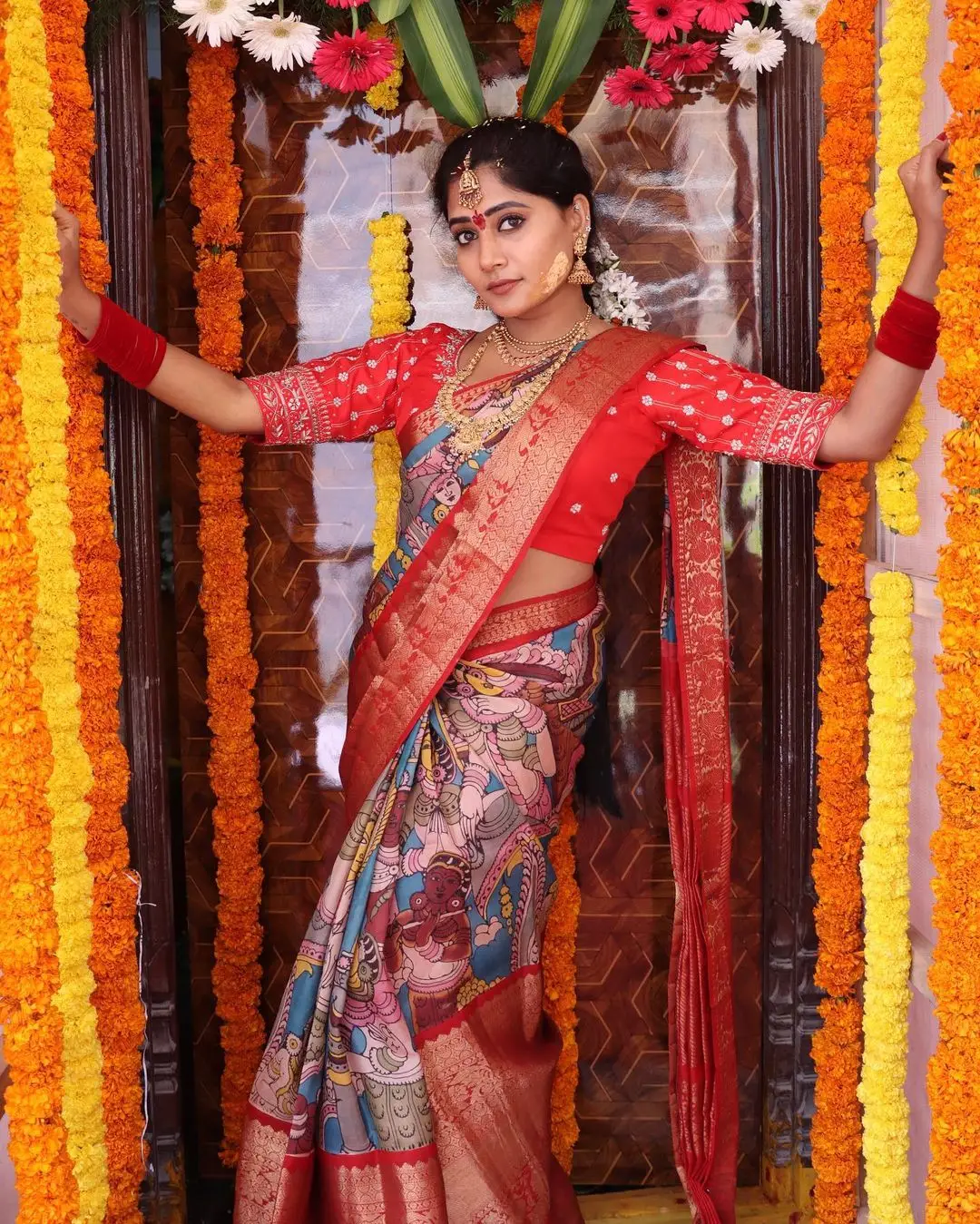 Vasanthi Krishnan Wearing Traditional Red Saree Blouse